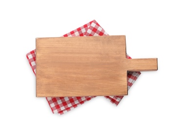 Photo of Wooden board on white background, top view. Kitchen utensil