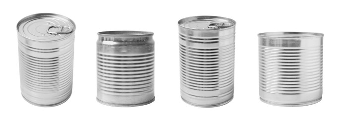 Image of Set of different metal cans on white background