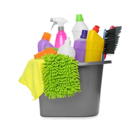 Photo of Bucket with different cleaning products and tools on white background