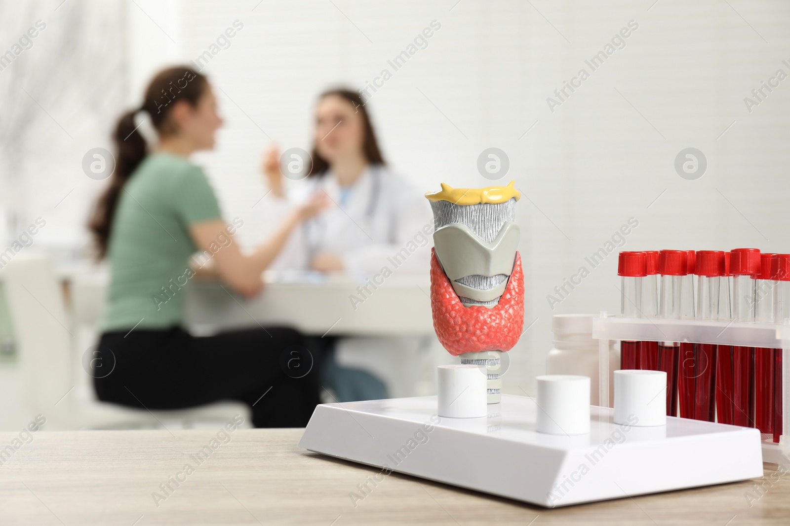 Photo of Endocrinologist examining patient at clinic, focus on model of thyroid gland and blood samples in test tubes