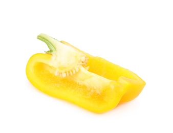 Photo of Cut yellow bell pepper with seeds isolated on white