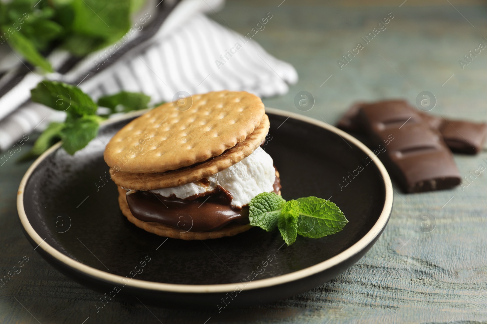 Photo of Delicious marshmallow sandwich with crackers, mint and chocolate on light blue wooden table, closeup