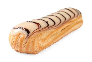 Photo of Delicious eclair covered with glaze isolated on white