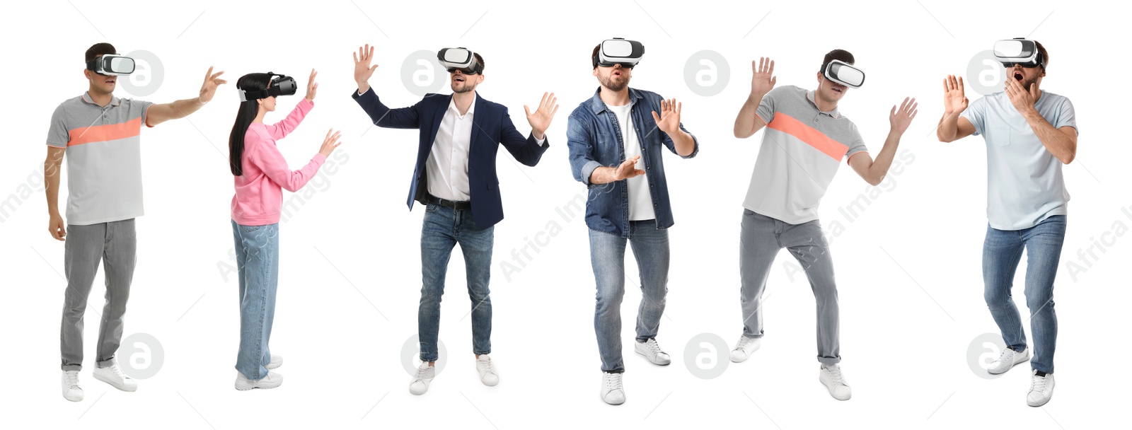 Image of People using virtual reality headset on white background, collage. Banner design