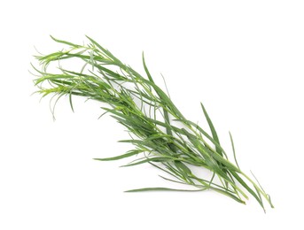 Sprigs of fresh tarragon on white background, above view