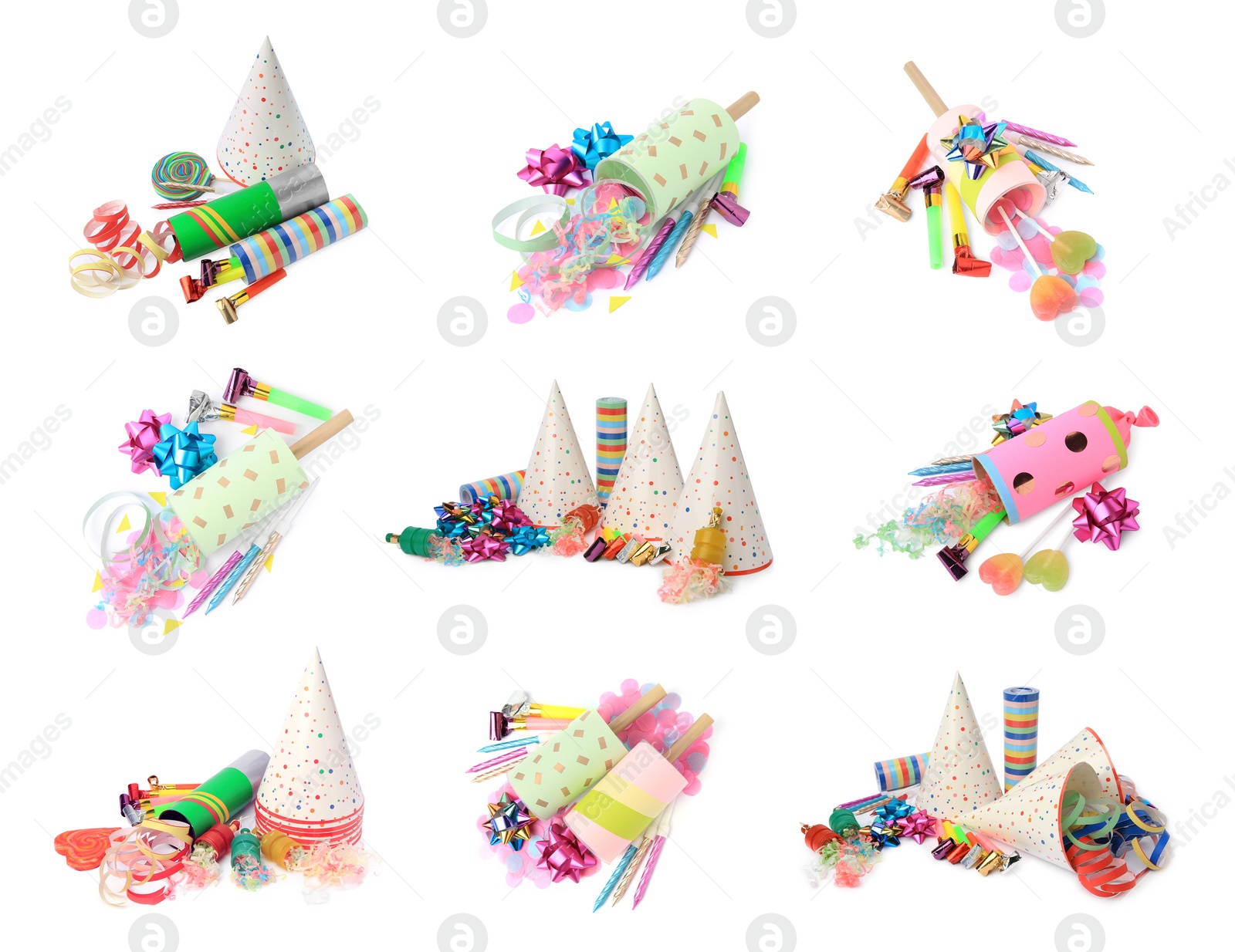 Image of Collage with poppers and other party items isolated on white