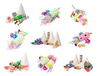 Image of Collage with poppers and other party items isolated on white