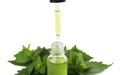 Photo of Dripping nettle oil from pipette into glass bottle and leaves isolated on white