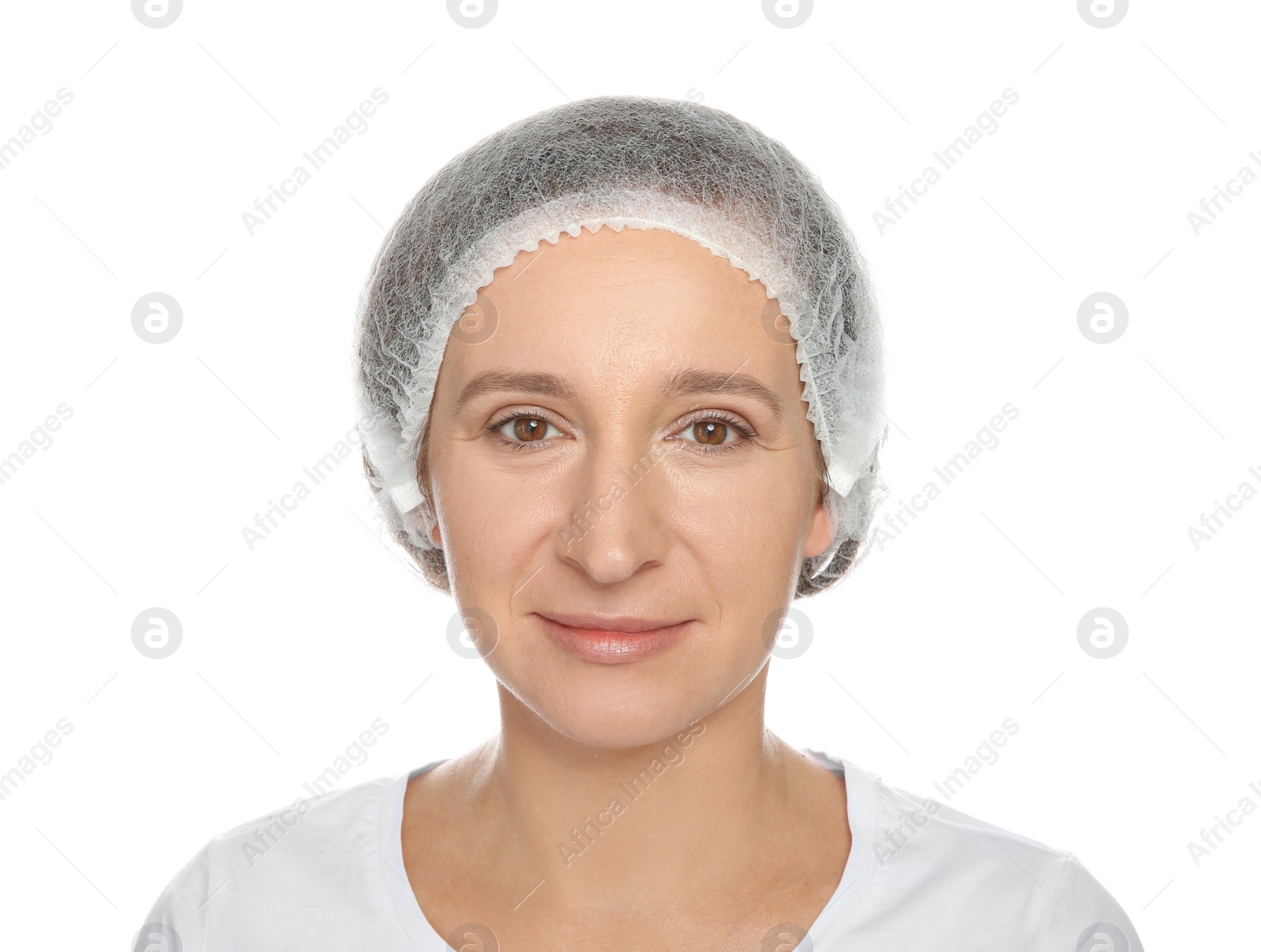 Photo of Portrait of mature woman preparing for cosmetic surgery on white background