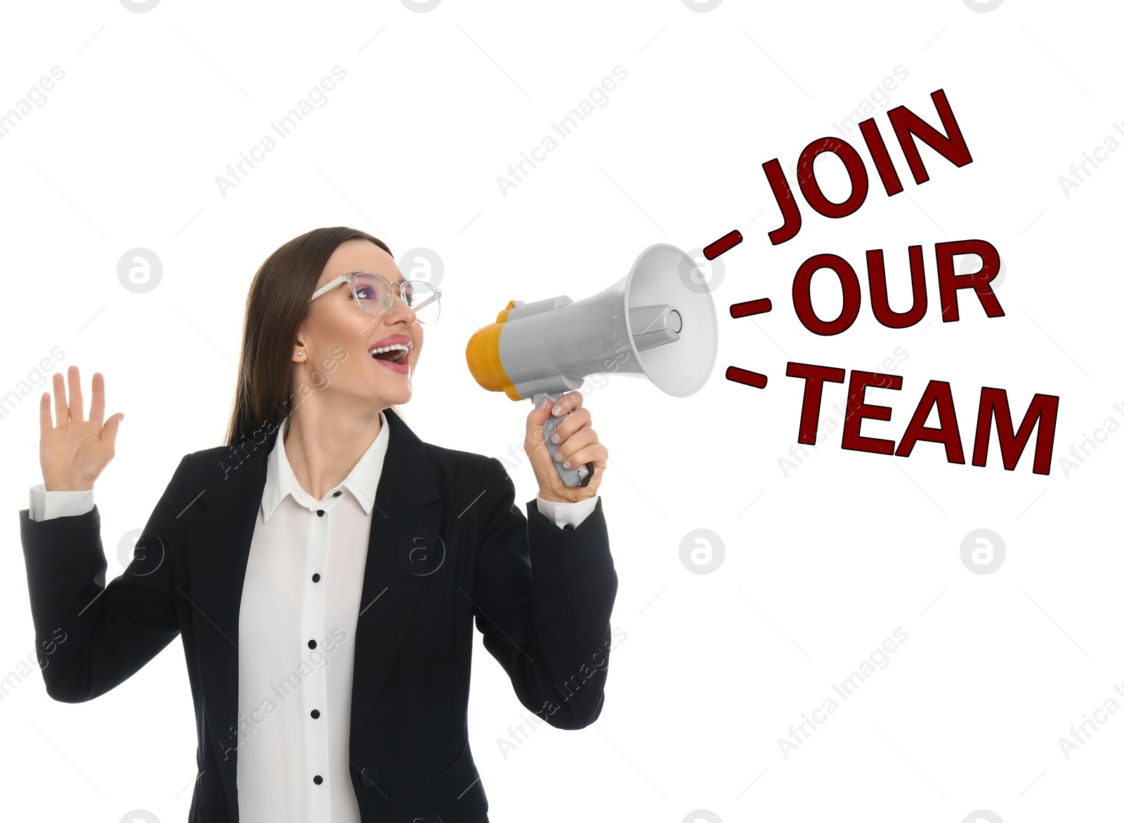 Image of Young woman with megaphone and phrase JOIN OUR TEAM on white background. Career promotion