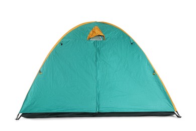 Photo of Bright turquoise camping tent on white background