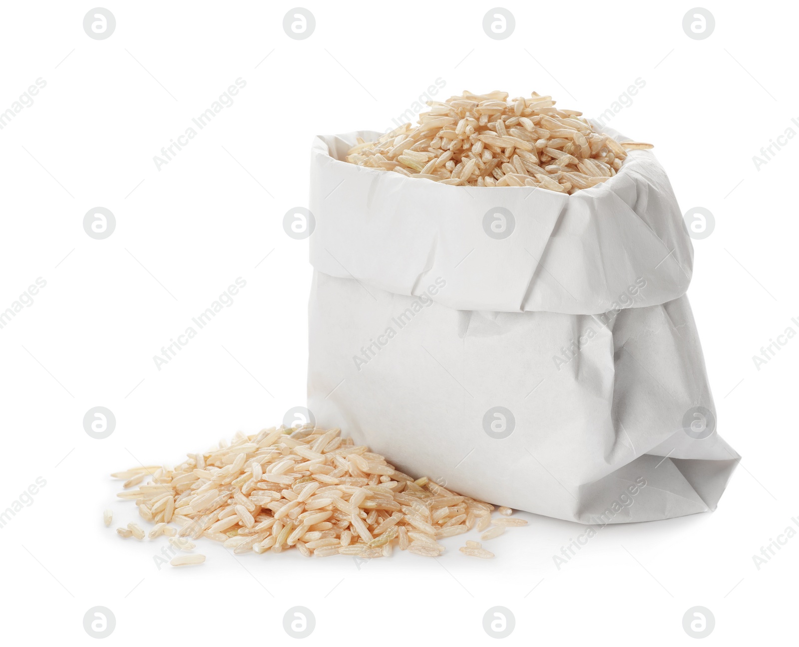 Photo of Bag with brown rice on white background