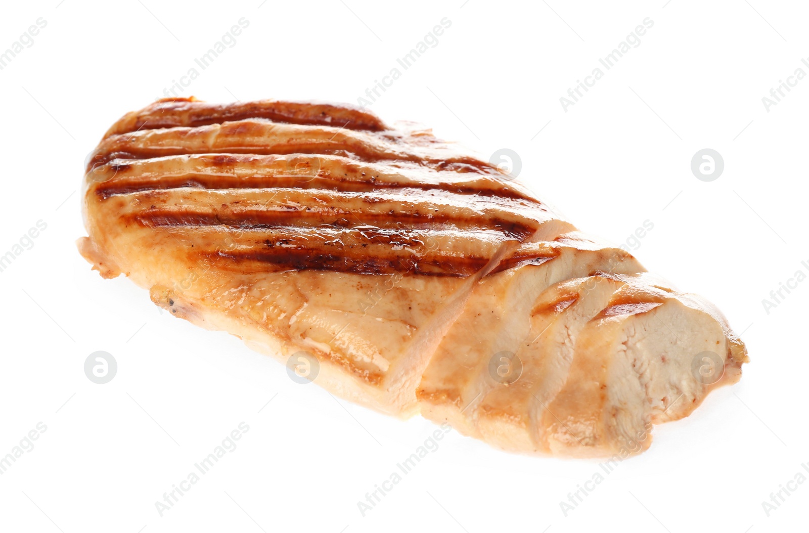 Photo of Tasty cut grilled chicken fillet isolated on white