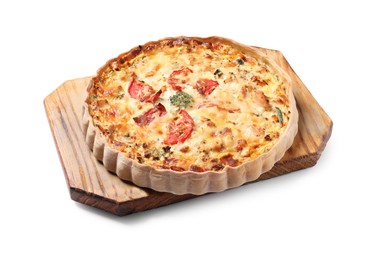 Photo of Tasty quiche with tomatoes and cheese isolated on white