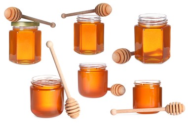 Image of Natural honey in glass jars and dippers isolated on white, set