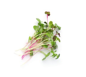 Photo of Heap of fresh radish microgreens on white background, top view