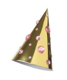 Photo of One shiny golden party hat with rhinestones isolated on white