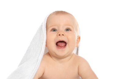 Photo of Cute little baby with soft towel on white background