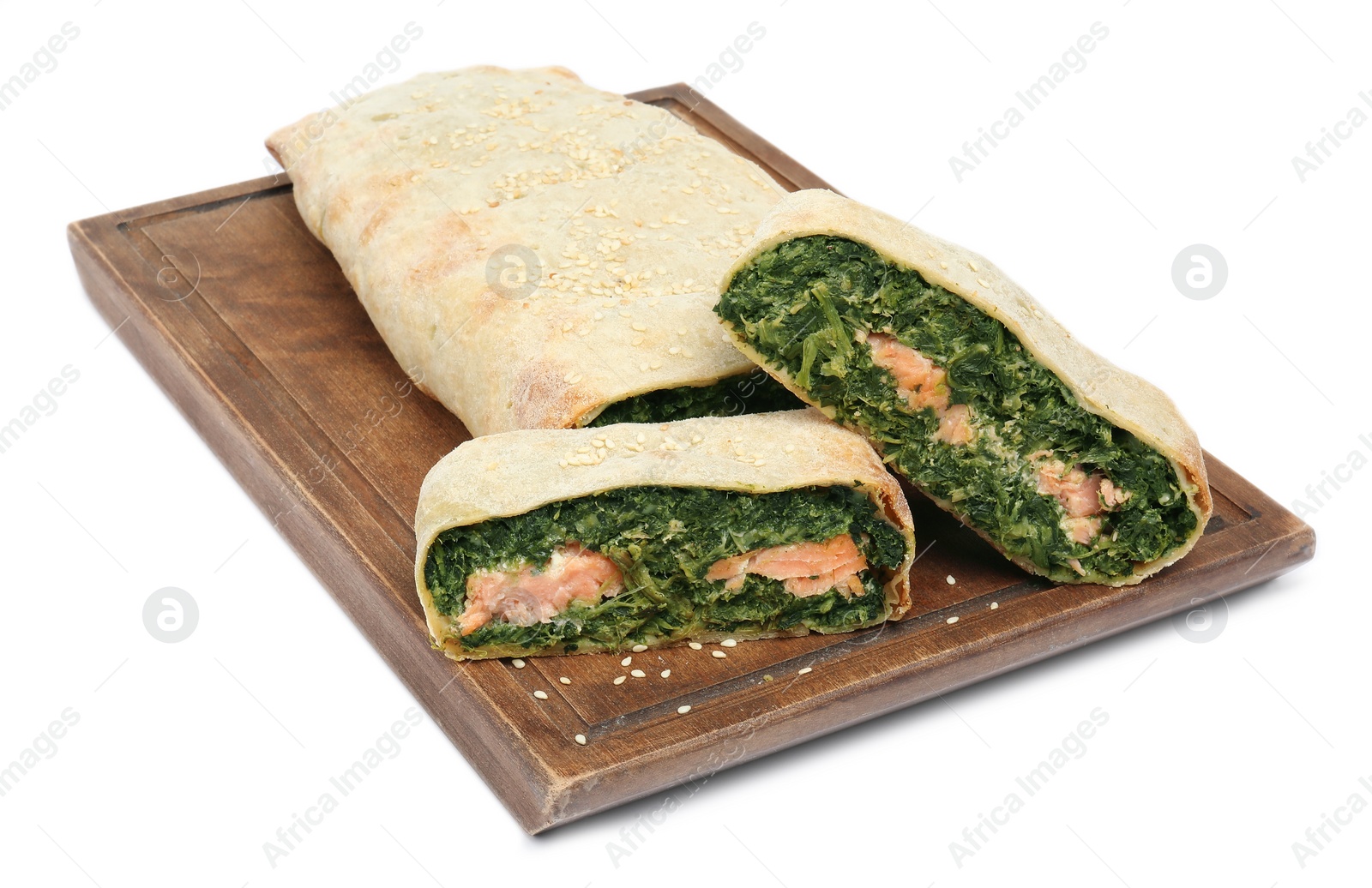 Photo of Cut tasty strudel with salmon and spinach isolated on white