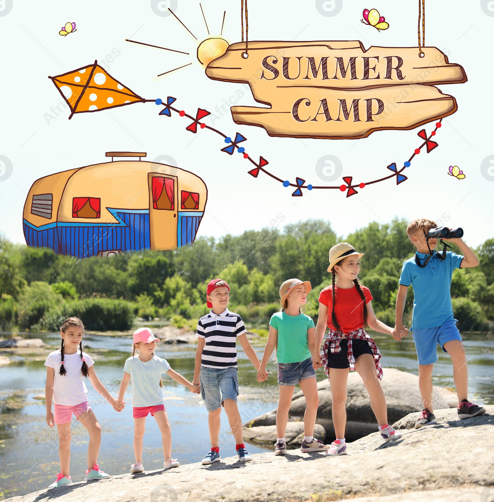 Image of Children at summer camp. Illustrations on background