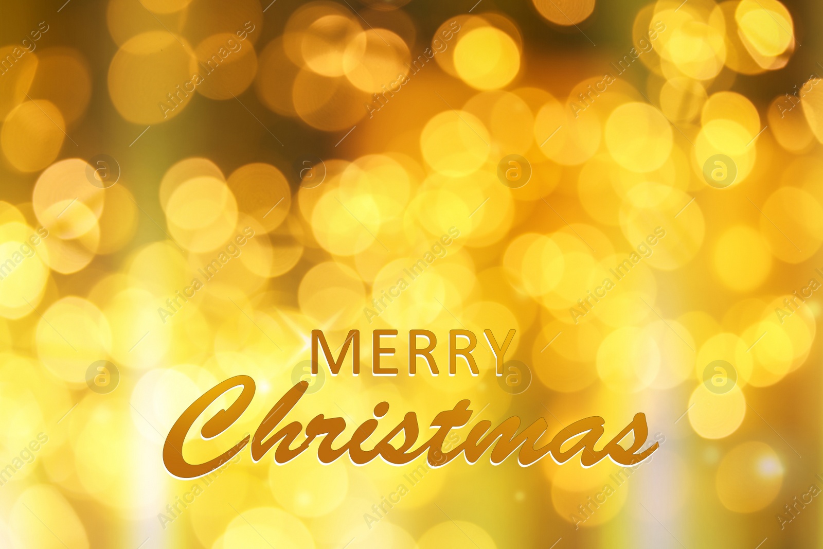 Illustration of Text Merry Christmas on blurred background with golden lights. Bokeh effect