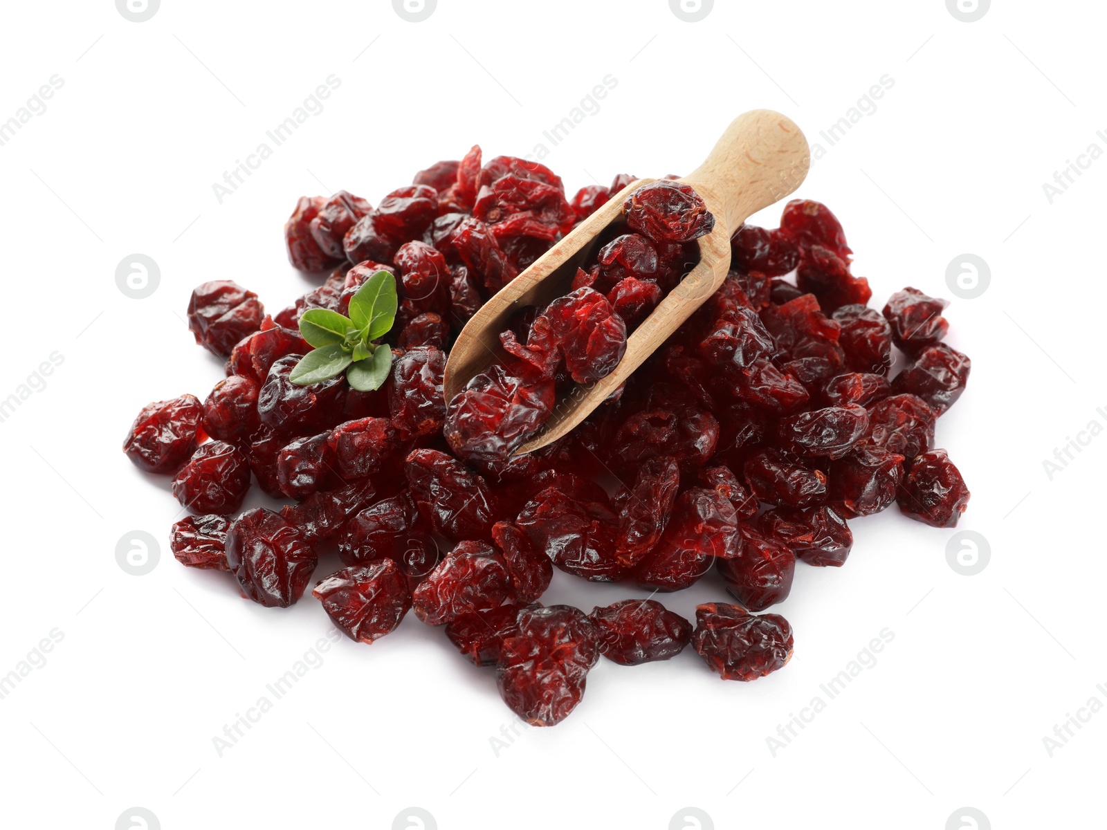 Photo of Tasty dried cranberries and scoop isolated on white