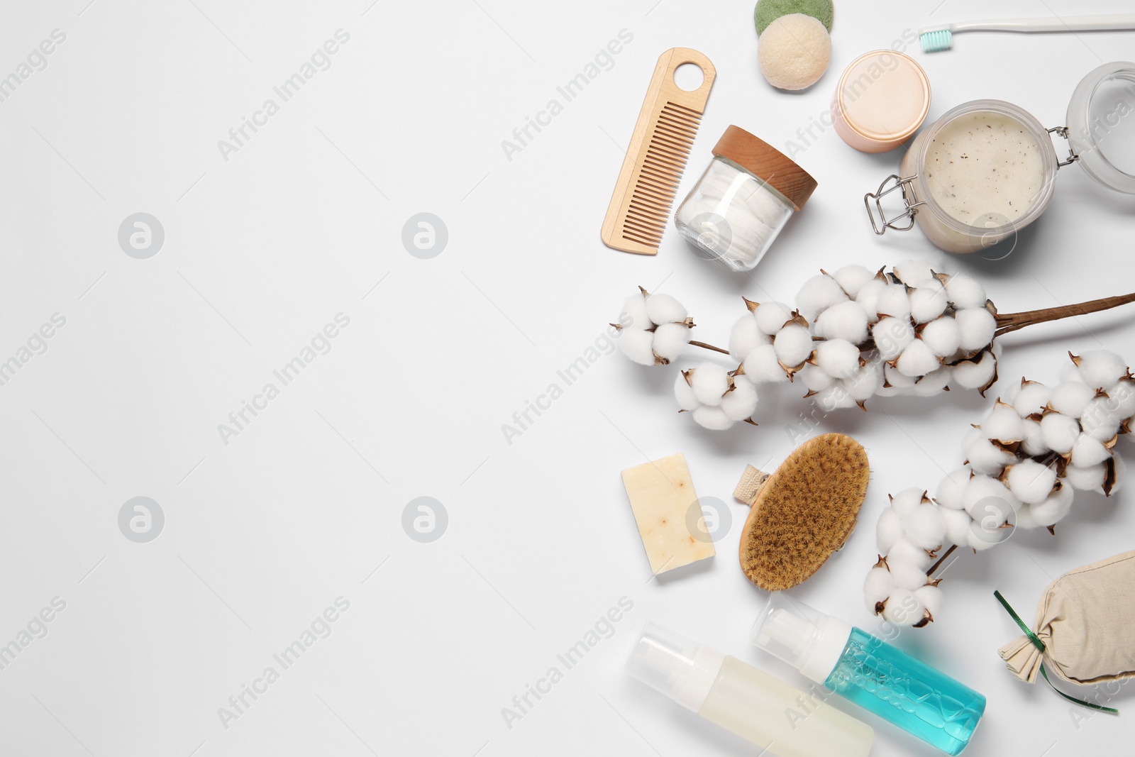 Photo of Bath accessories. Flat lay composition with personal care products on white background, space for text