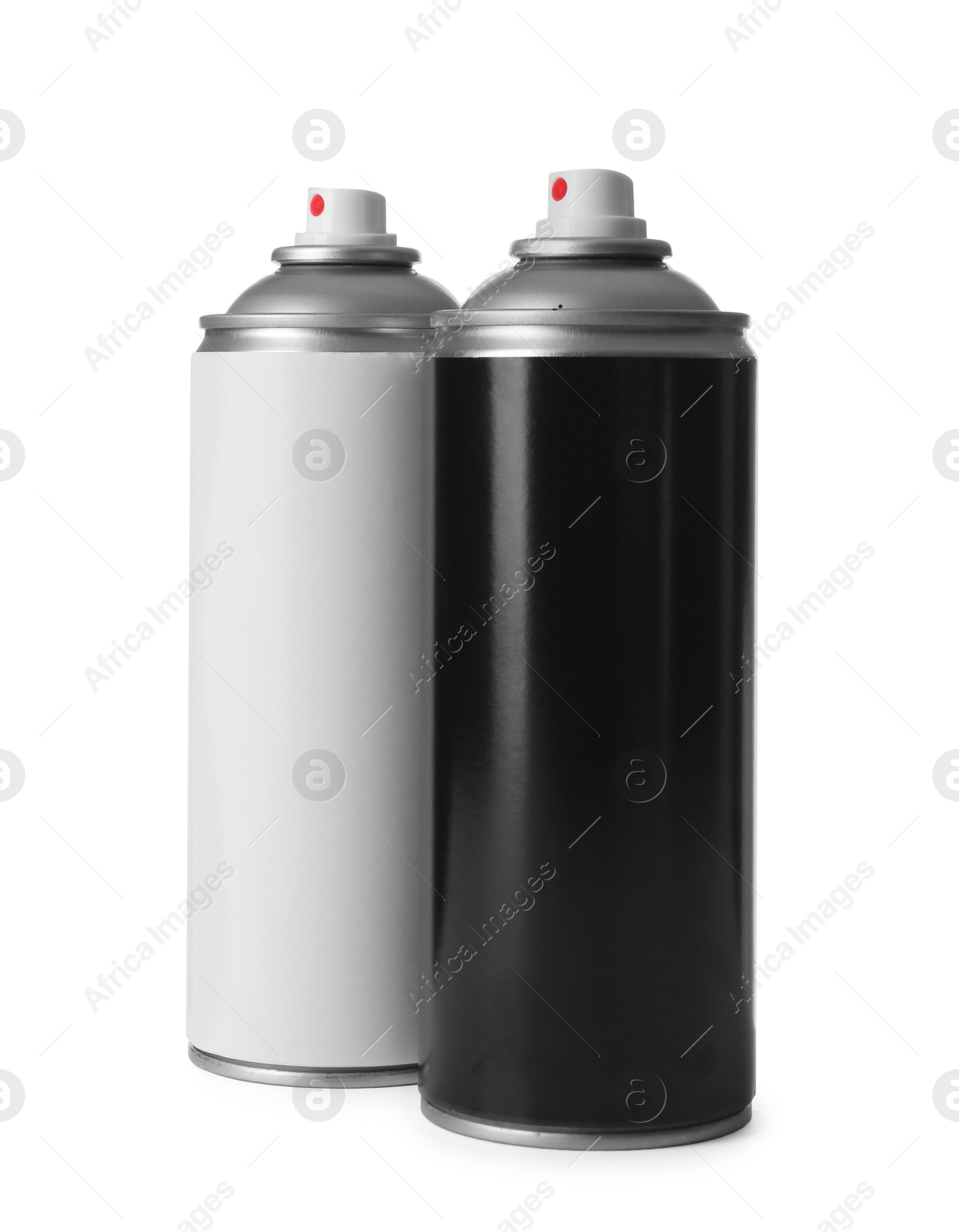 Photo of Cans of different spray paints on white background