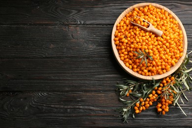 Photo of Ripe sea buckthorn berries on black wooden table, flat lay. Space for text