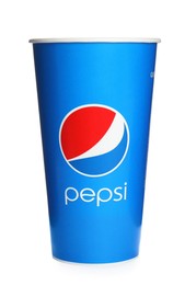MYKOLAIV, UKRAINE - JUNE 9, 2021: Paper Pepsi cup isolated on white