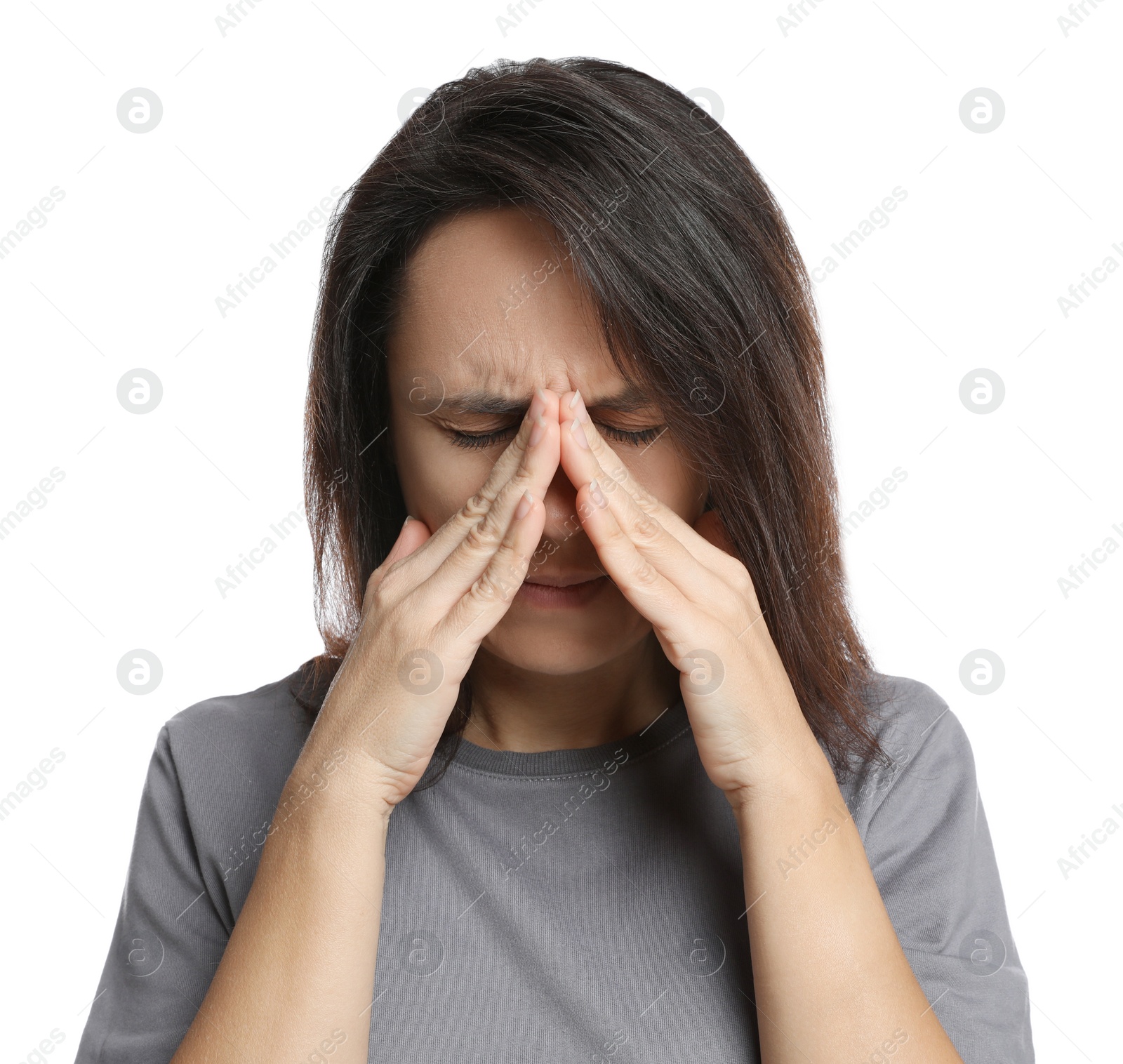 Photo of Mature woman suffering from headache on white background