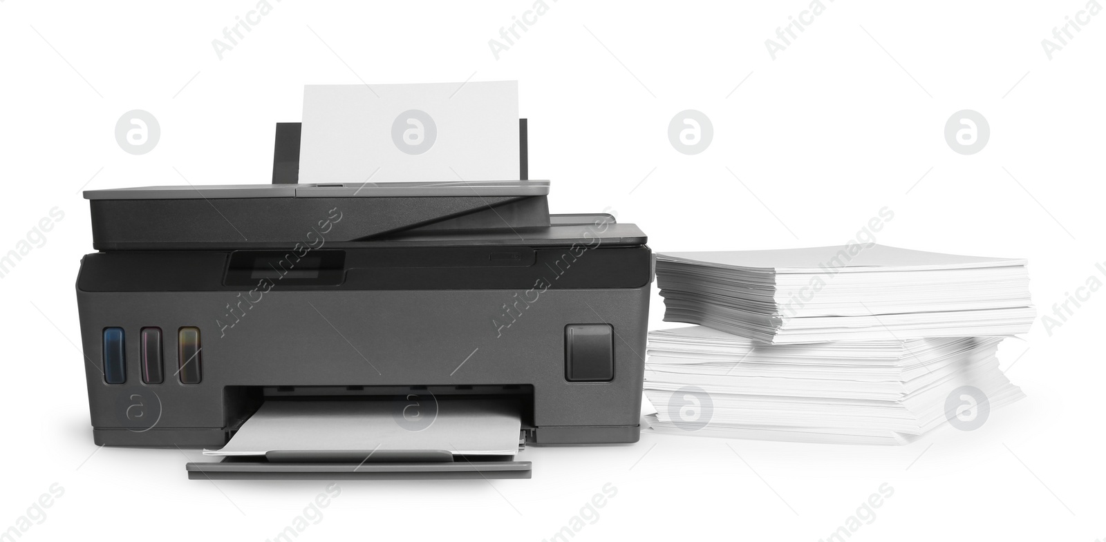 Photo of Modern printer and stack of paper on white background