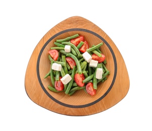 Plate with tasty green beans, tomatoes and cheese on white background