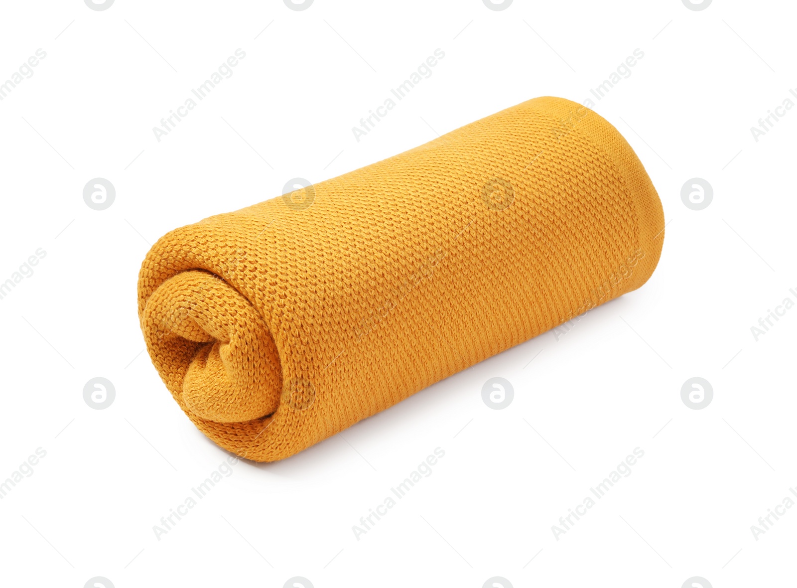 Photo of Beautiful yellow knitted blanket isolated on white