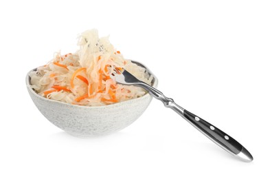 Fork and bowl of tasty sauerkraut with carrot on white background