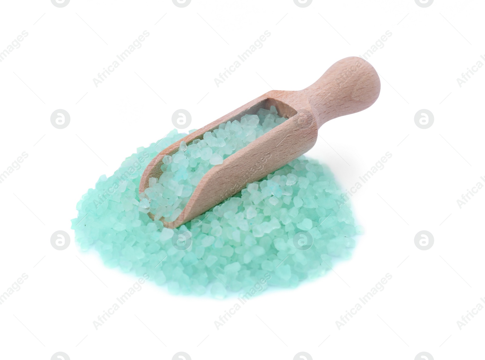 Photo of Wooden scoop with turquoise sea salt isolated on white