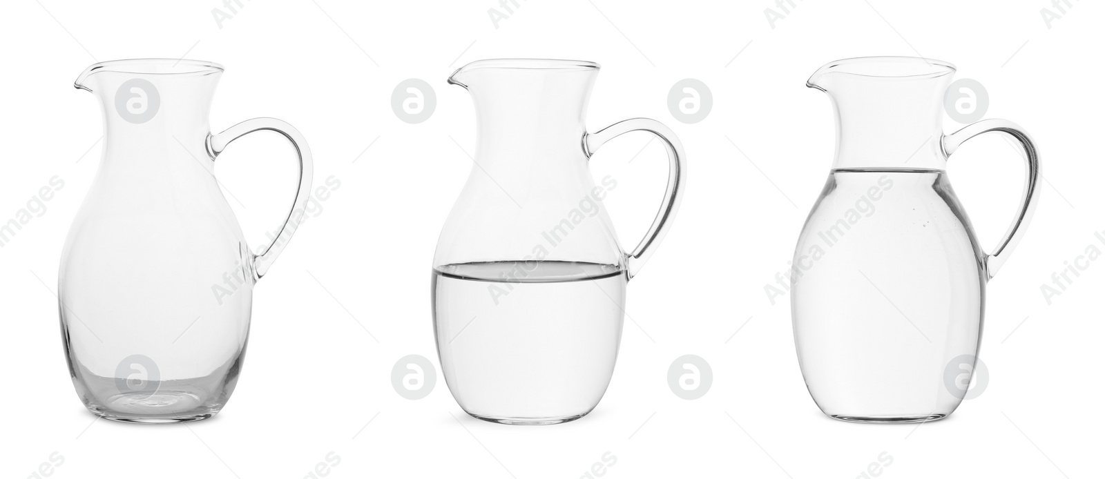 Image of Glass jug isolated on white, collage with empty, semi filled and full
