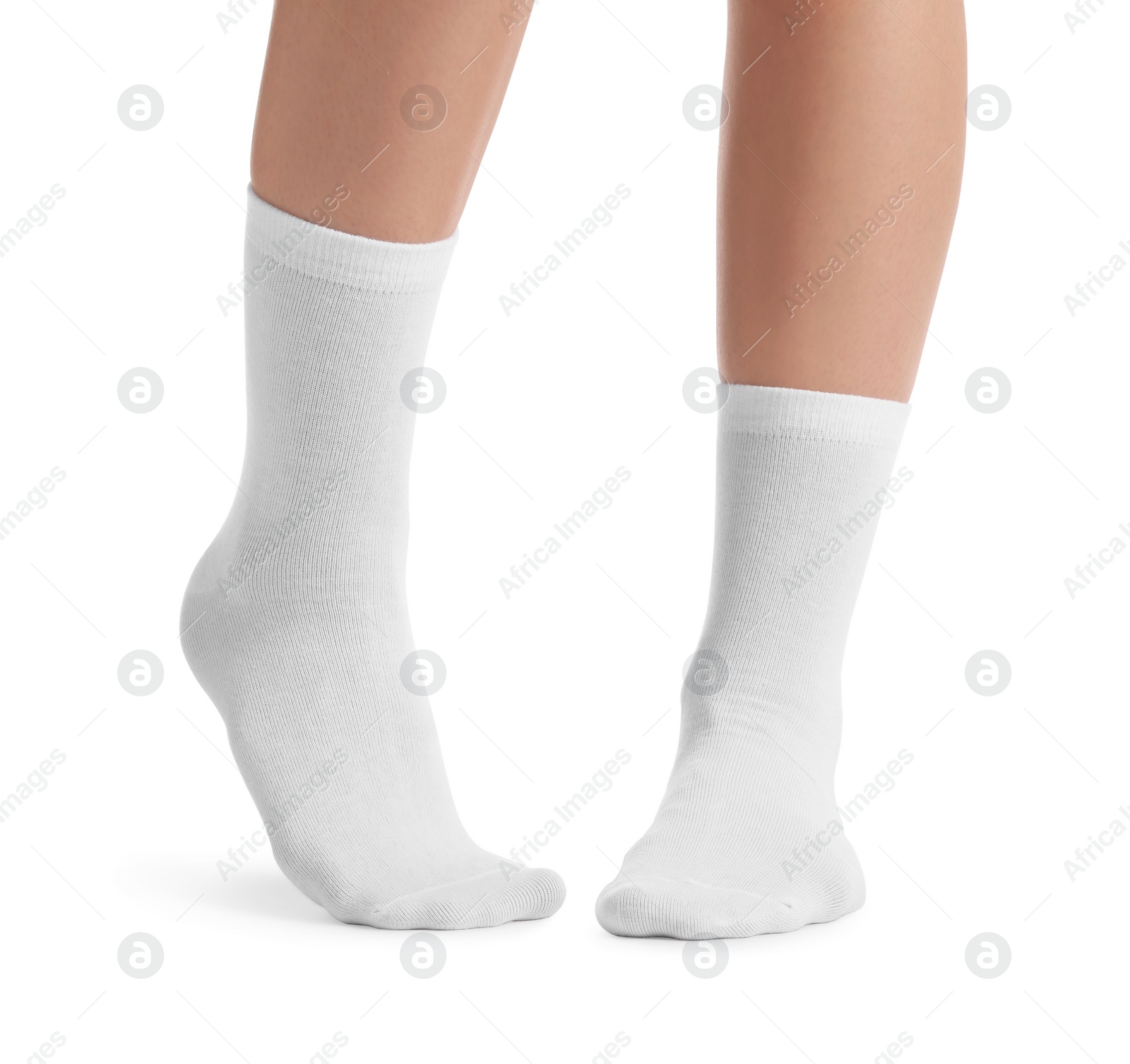 Photo of Woman in stylish socks on white background, closeup