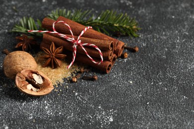 Photo of Different aromatic spices on grey textured table. Space for text