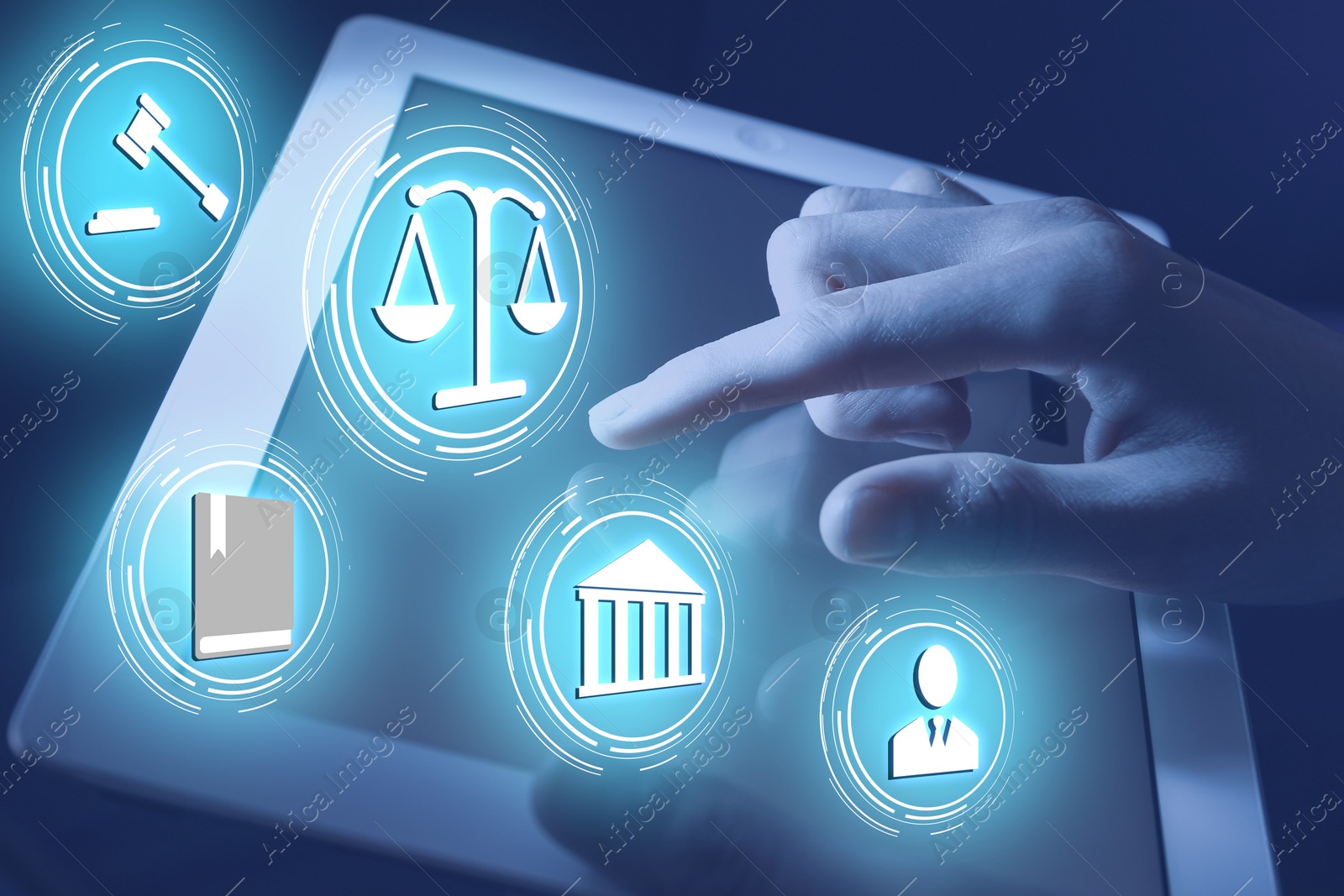 Image of Laws, legal information and online consultation. Woman using tablet, closeup. Icons over device