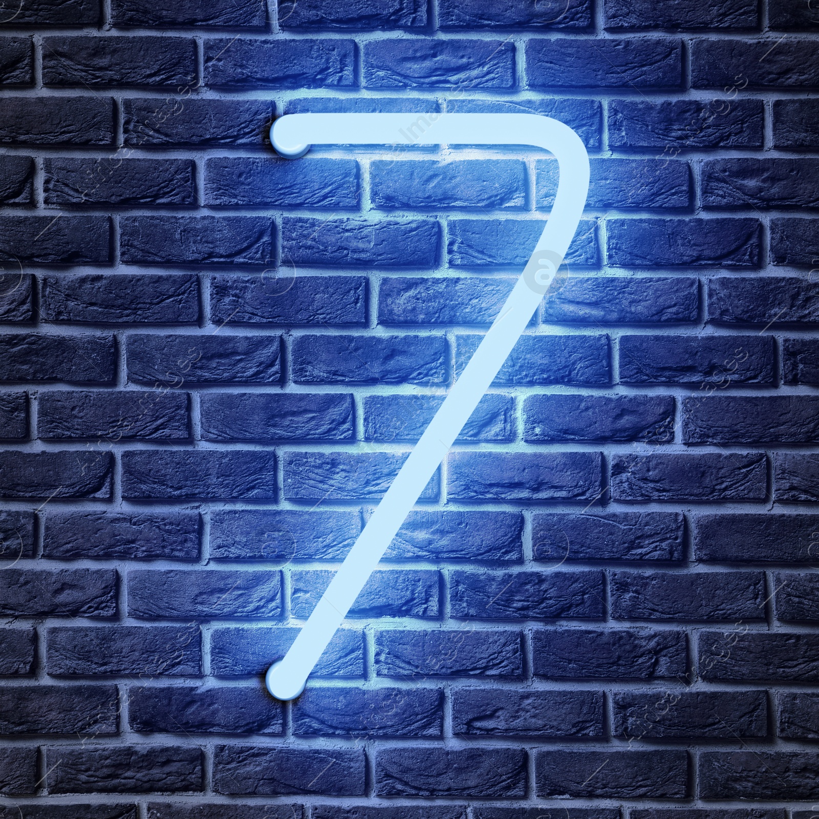 Image of Glowing neon number 7 sign on brick wall