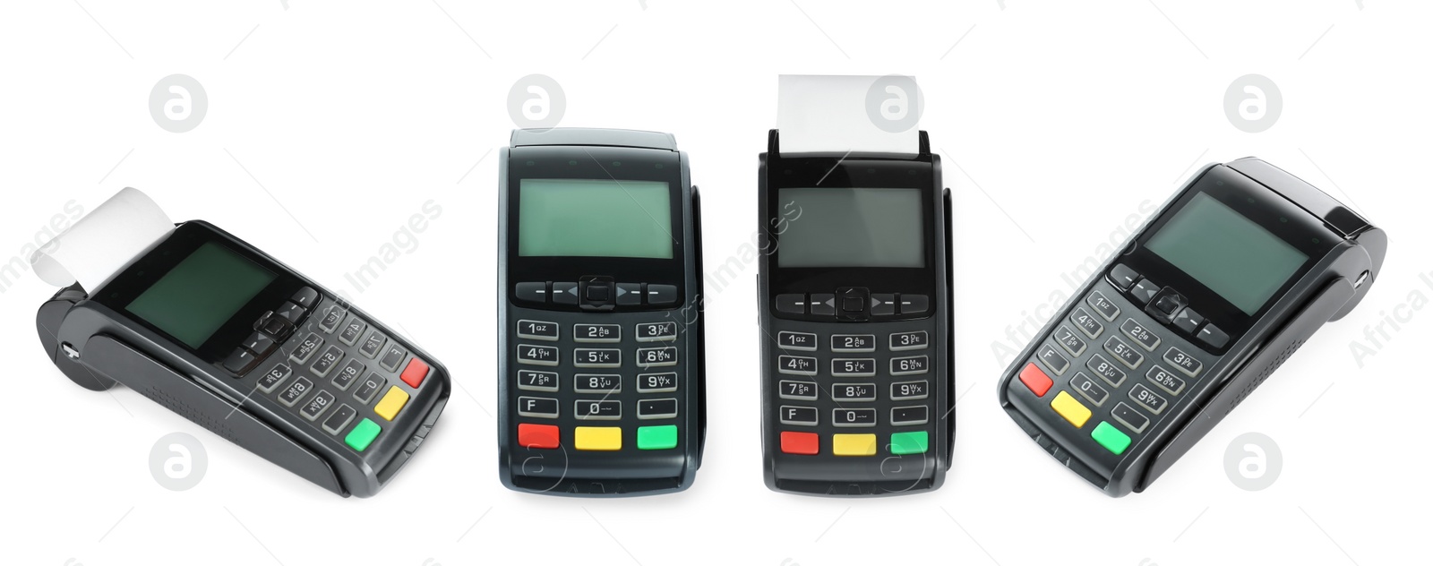 Image of Set with modern payment terminals on white background. Banner design