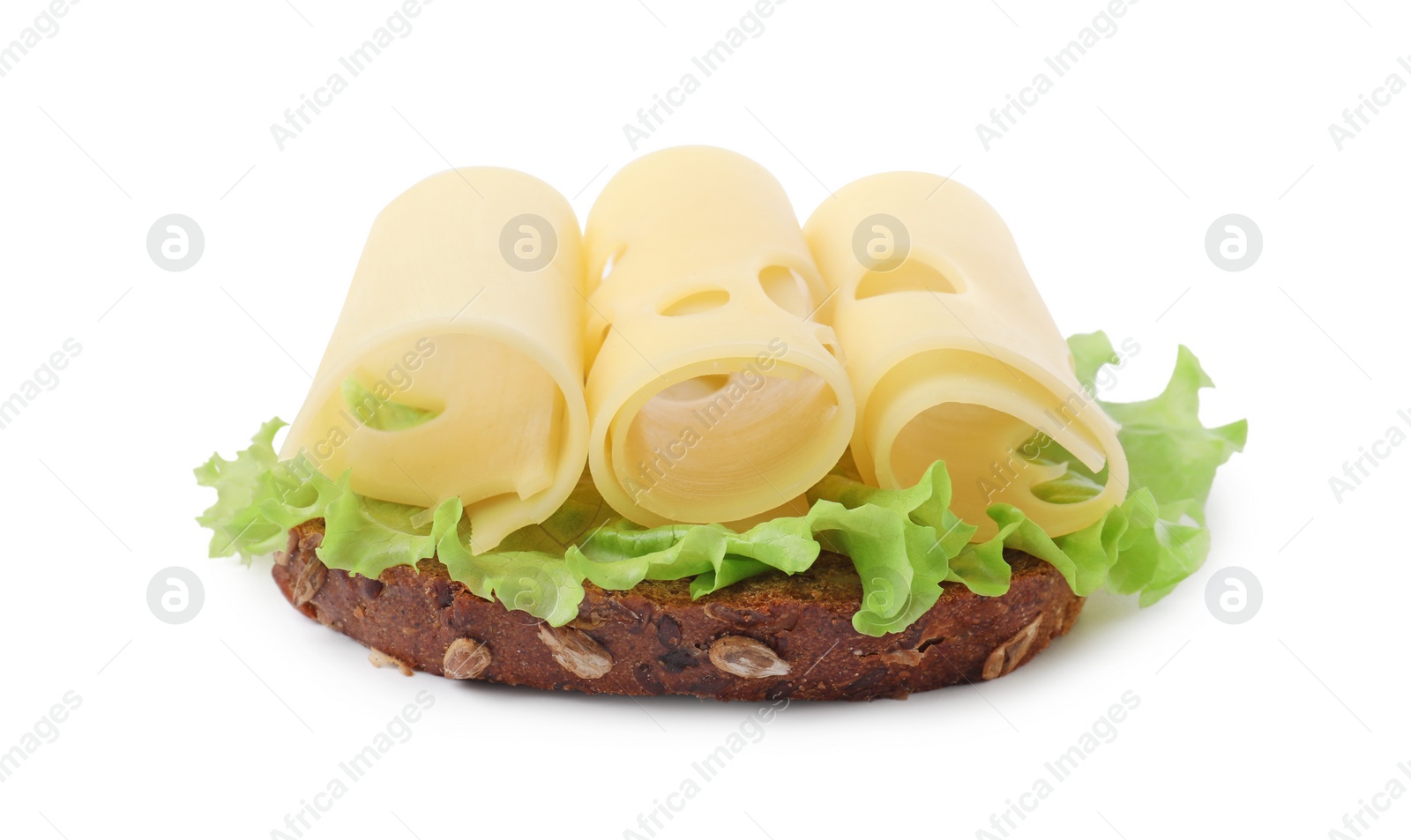 Photo of Tasty sandwich with slices of fresh cheese and lettuce isolated on white