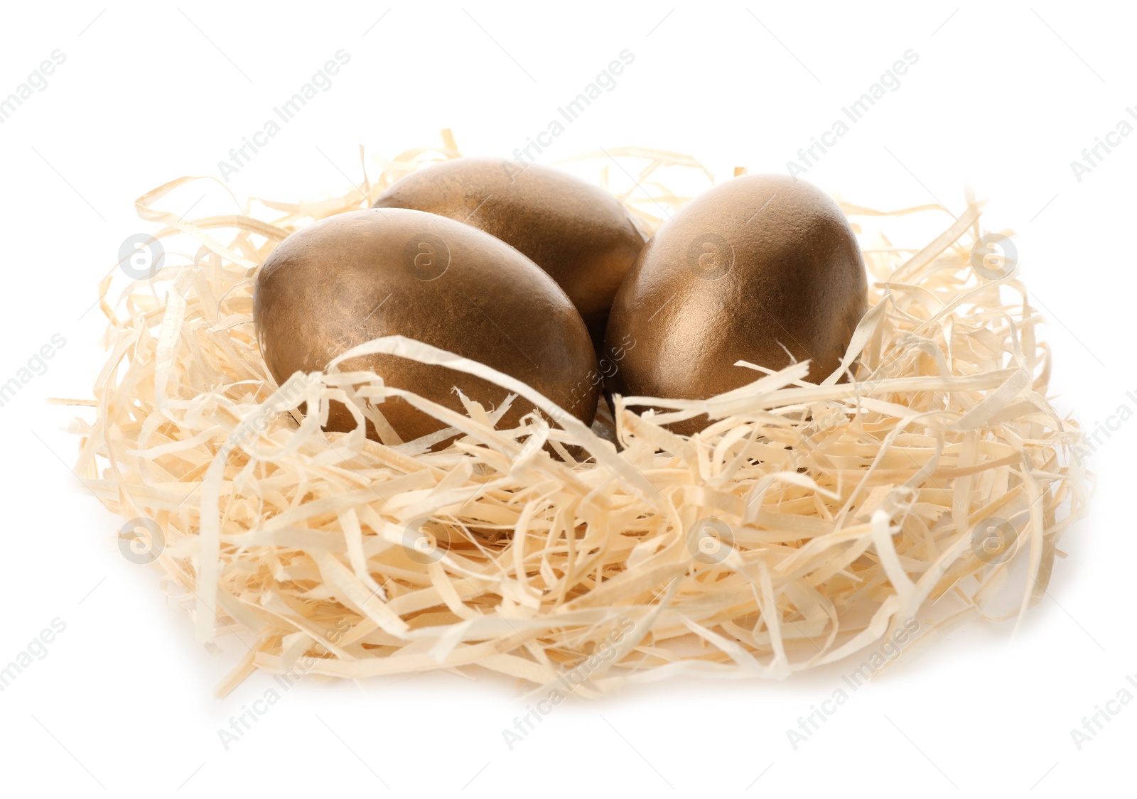 Photo of Nest with golden eggs on white background. Pension concept