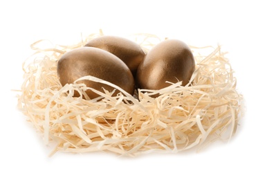 Nest with golden eggs on white background. Pension concept