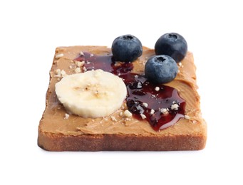 Photo of Toast with tasty nut butter, jam, blueberries, nuts and banana isolated on white
