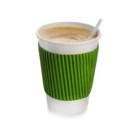 Photo of Aromatic coffee in takeaway paper cup with cardboard sleeve on white background