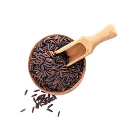 Bowl and scoop with uncooked black rice on white background, top view