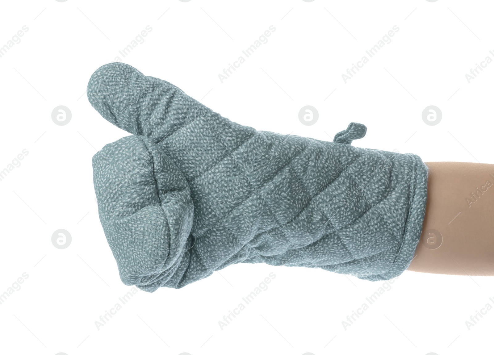 Photo of Chef in oven glove on white background, closeup