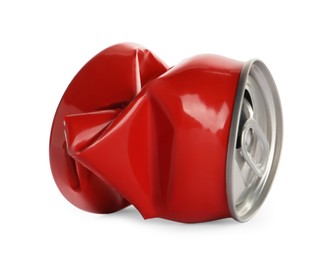 Photo of Red crumpled can with ring isolated on white
